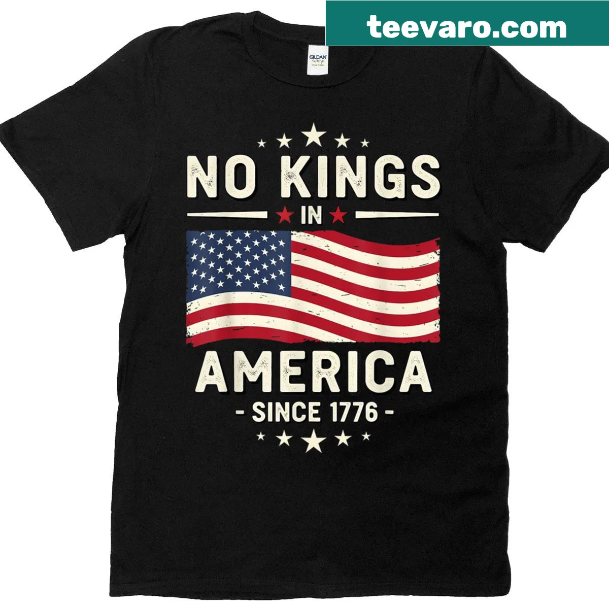 Patriotic t-shirt with 'No Kings In America' and 'Freedom 1776' text — on a men's t-shirt