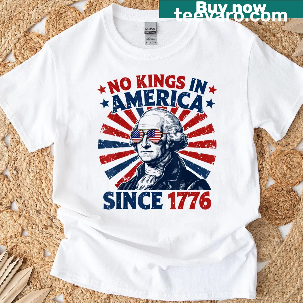 Distressed American flag graphic with 'No Kings In America Since 1776' text — on a men's t-shirt