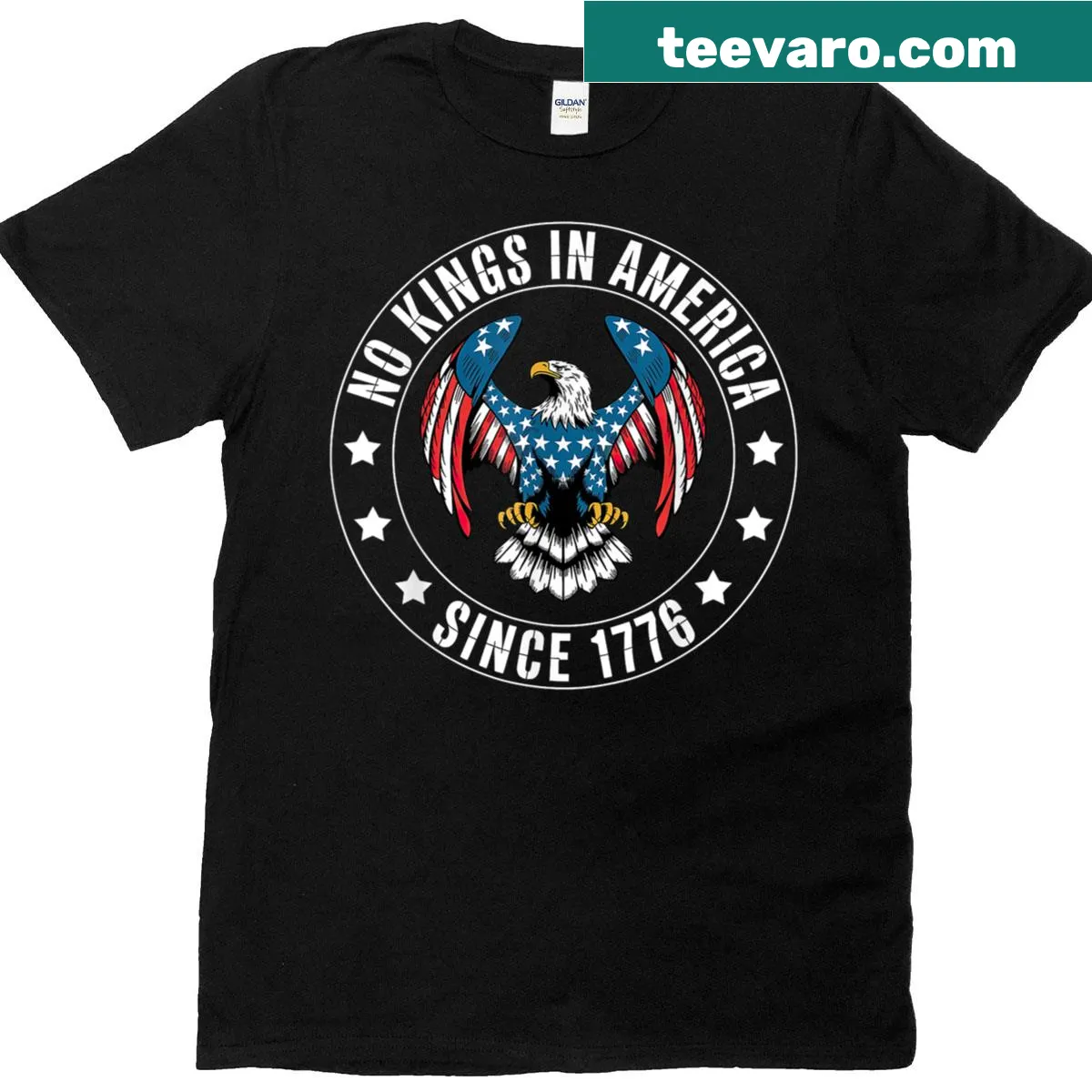 Bold typographic t-shirt with 'No Kings In America Since 1776' — on a men's t-shirt