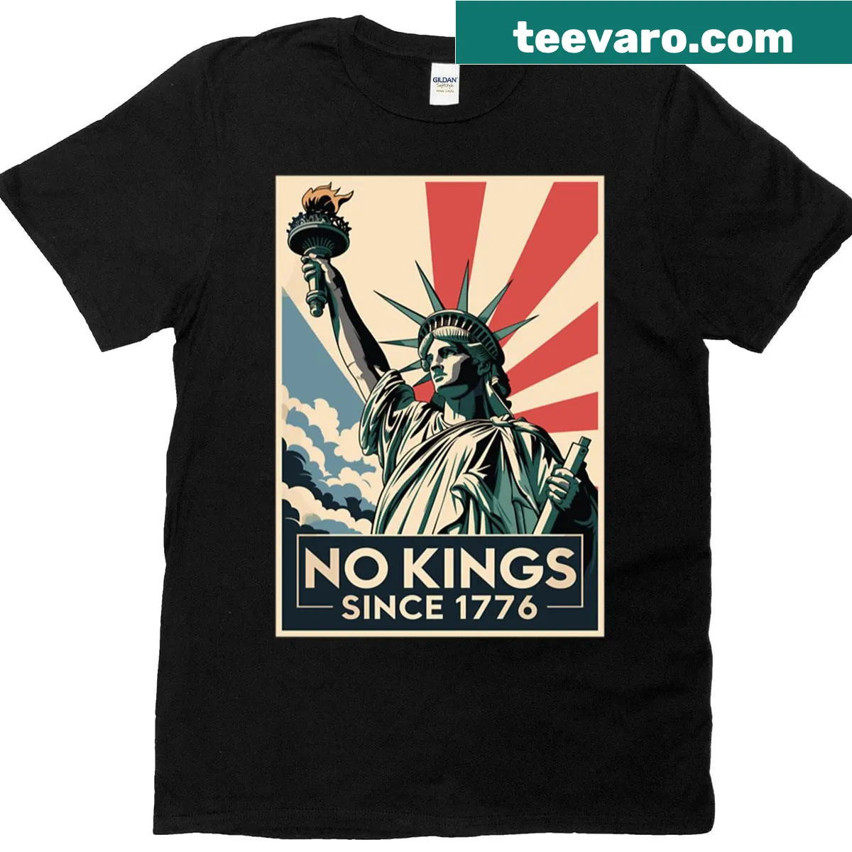 Vintage-style t-shirt with 'No Kings In America Since 1776' and Statue of Liberty — on a men's t-shirt