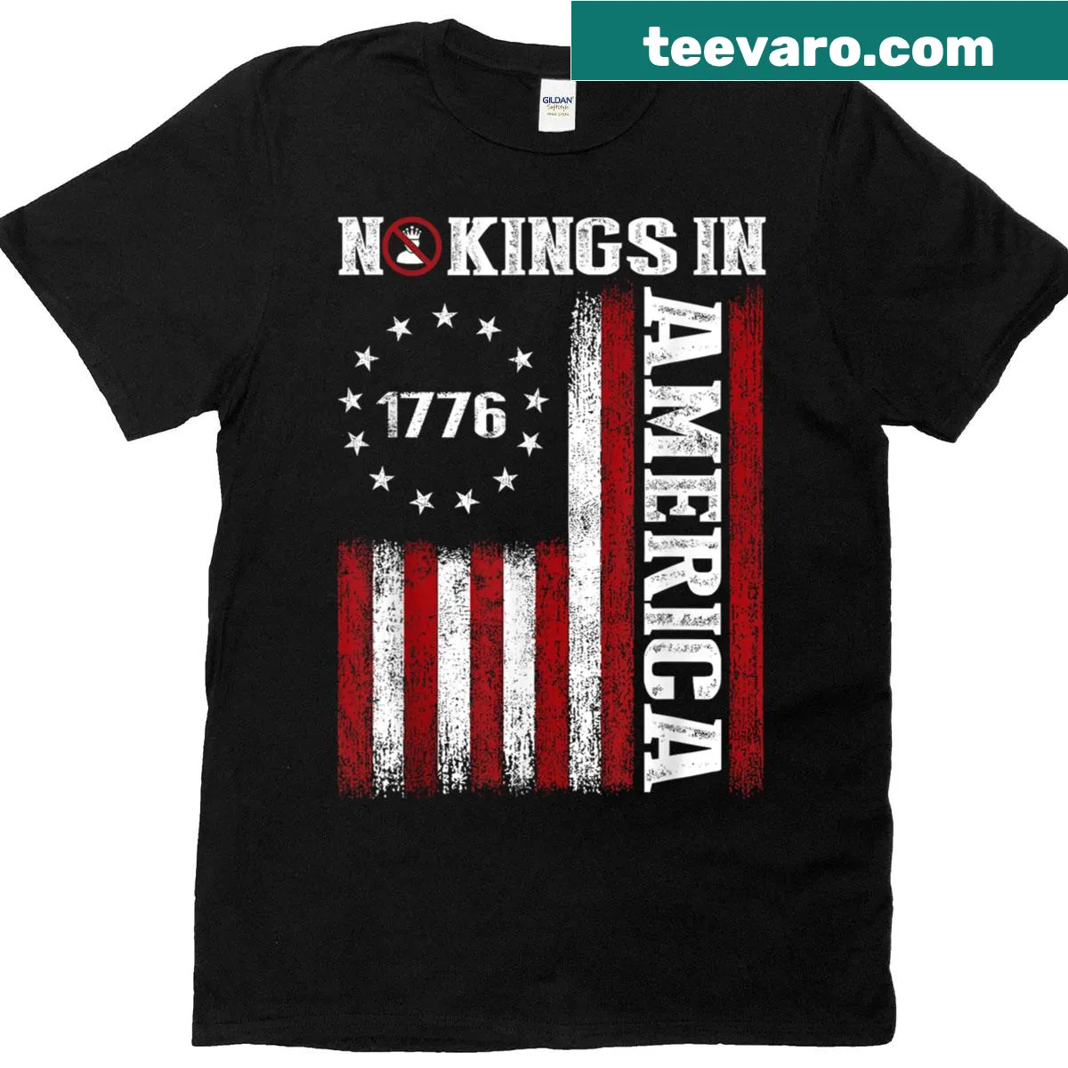 Text and USA flag graphic T-shirt with 'No Kings In America Since 1776' — on a men's t-shirt
