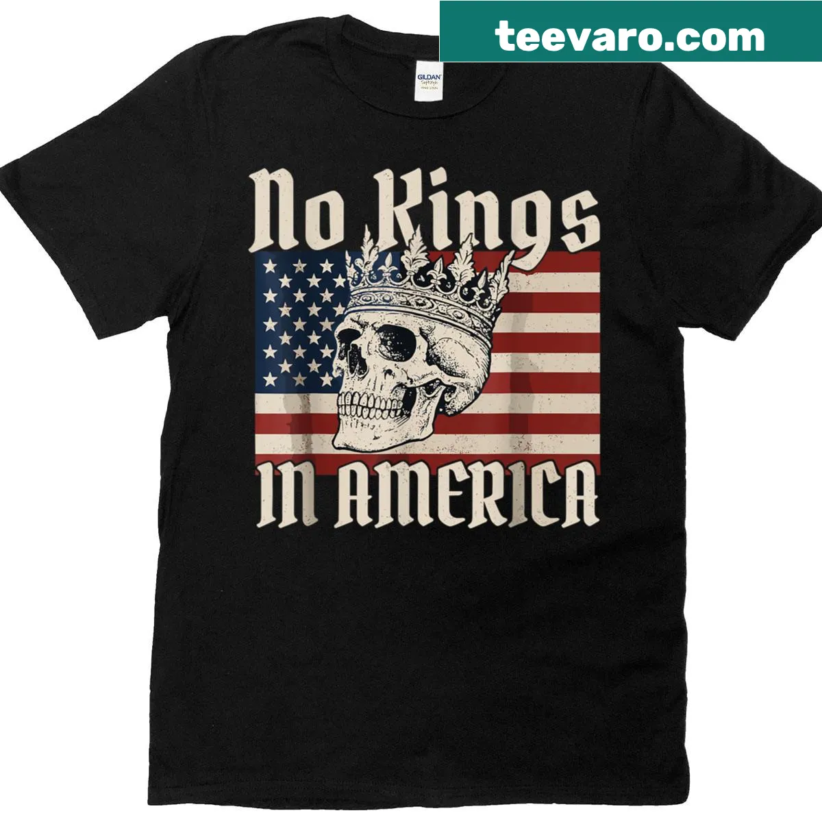 Skull with American flag design on T-shirt — on a men's t-shirt