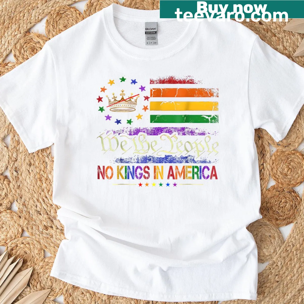 Political t-shirt featuring 'No Kings In America We The People' and flag design. — on a men's t-shirt