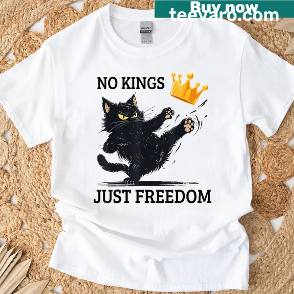Funny black cat kicking crown design on a vintage distressed tee