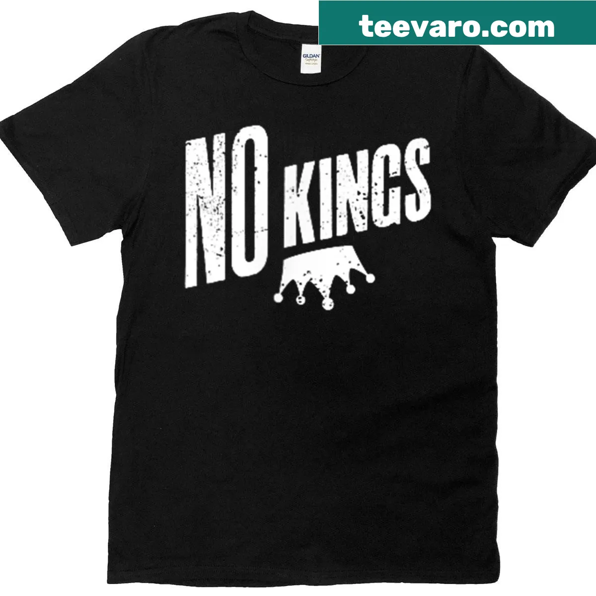 Two-sided t-shirt with bold 'No Kings' text on front and back — on a men's t-shirt