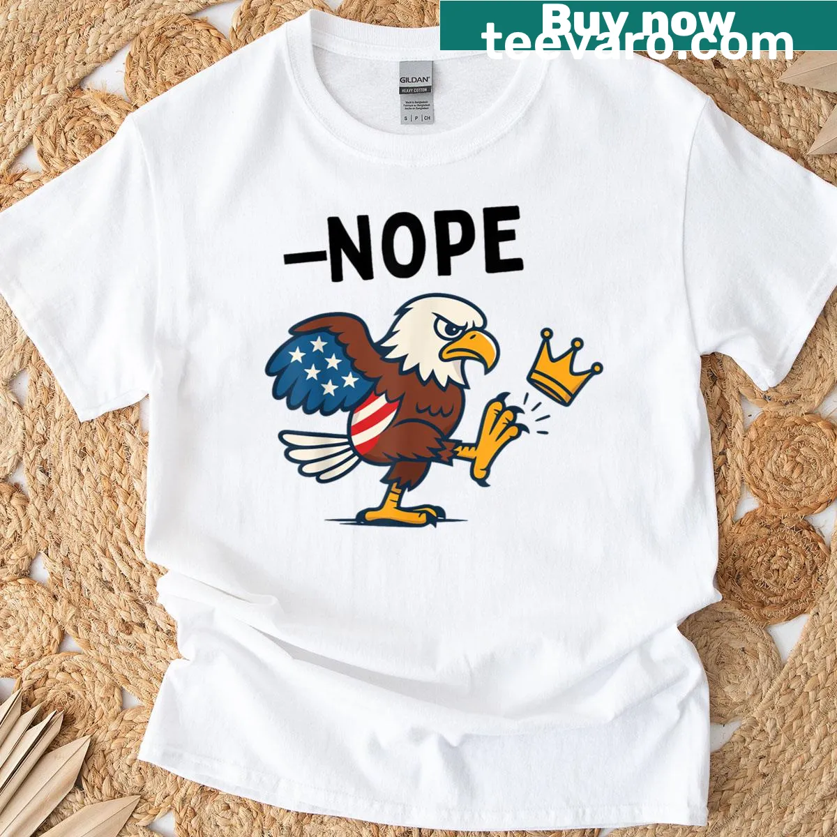 Patriotic t-shirt with bald eagle and No Kings in America text — on a men's t-shirt