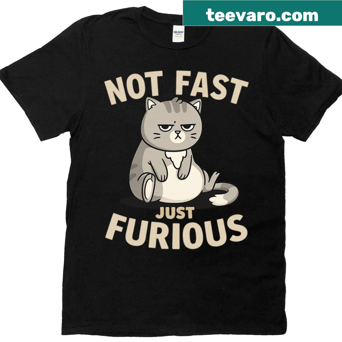 Grumpy Cat illustration with the phrase 'Not Fast Just Furious' on a t-shirt — on a men's t-shirt