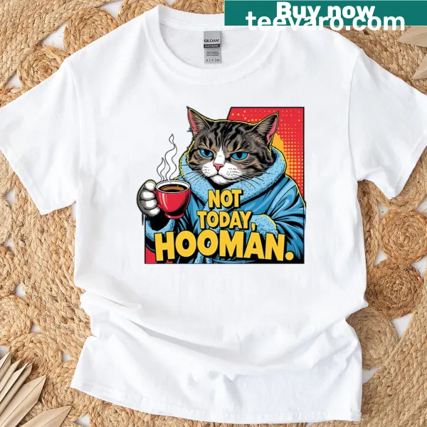 Grumpy cat in bathrobe holding coffee graphic