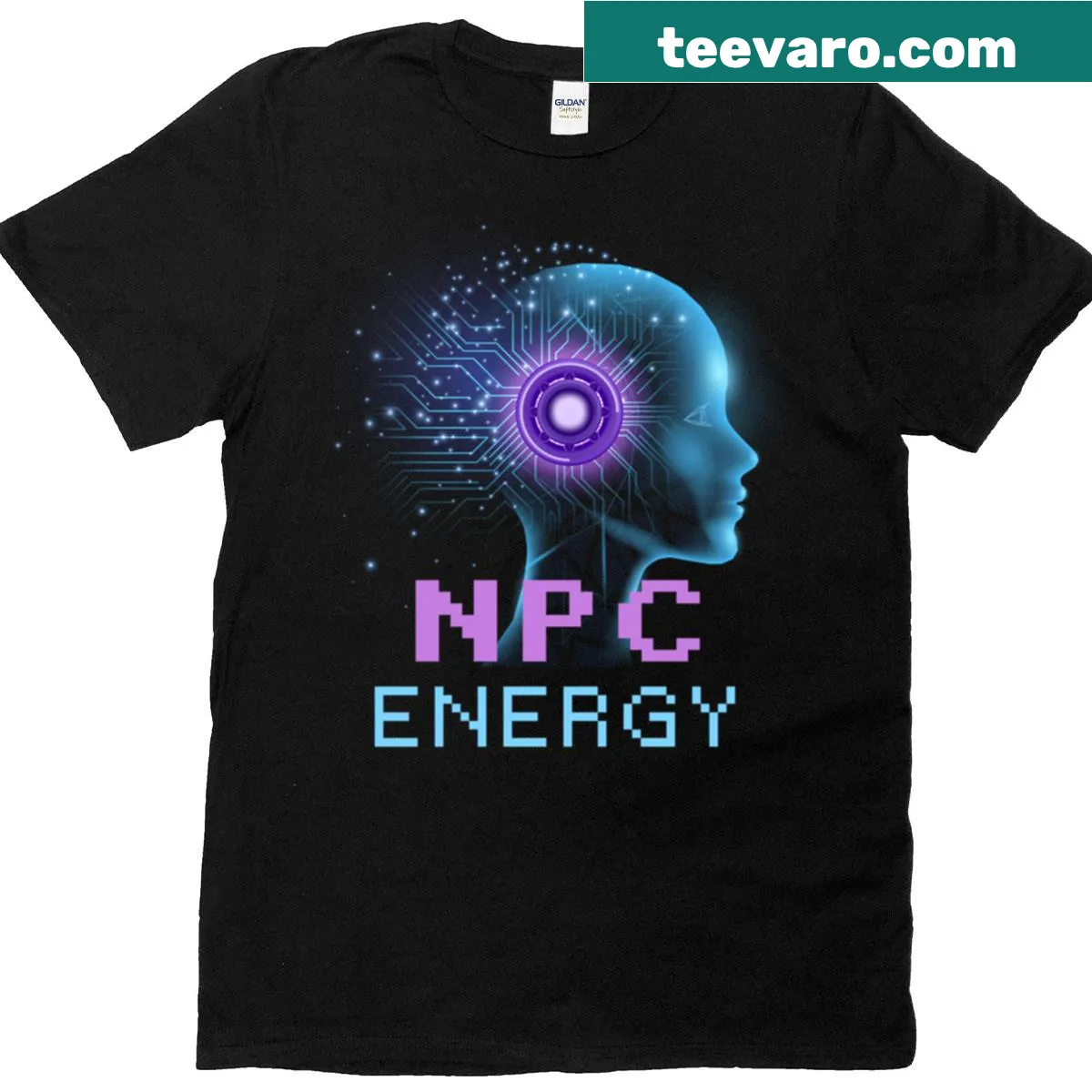 Edgy t-shirt with glitch core design and text: Npc Energy — on a men's t-shirt