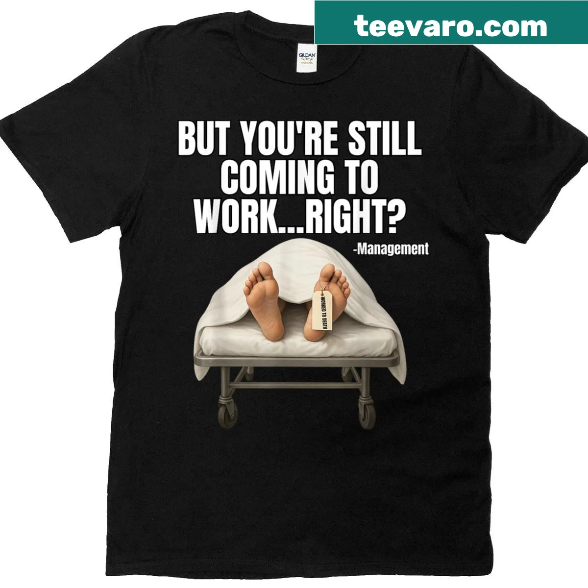 Funny office humor T-shirt with relatable work memes for managers and employees. — on a men's t-shirt