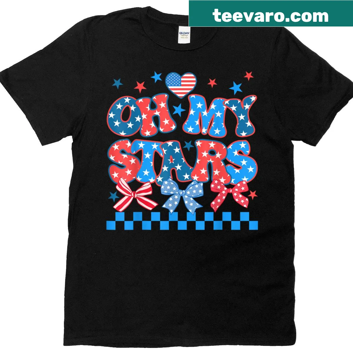 Patriotic T-shirt featuring the USA flag and 'Oh My Stars' text for Fourth of July. — on a men's t-shirt