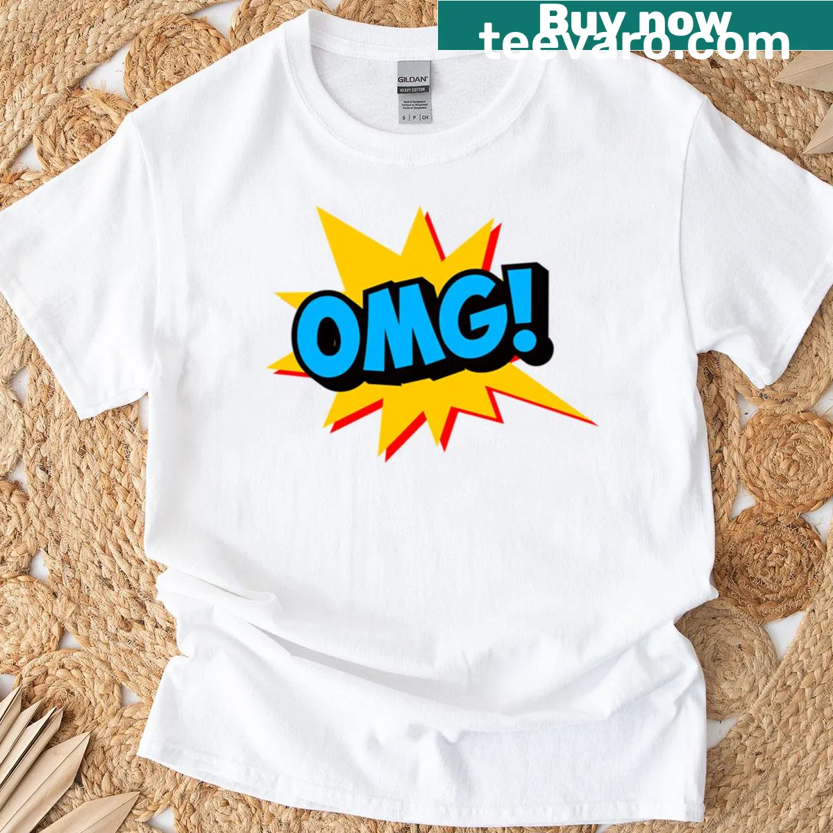 Comic-style T-shirt featuring bold text 'Omg' — on a men's t-shirt