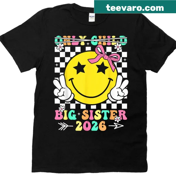 Retro T-shirt celebrating a child's promotion to big sister in 2026.