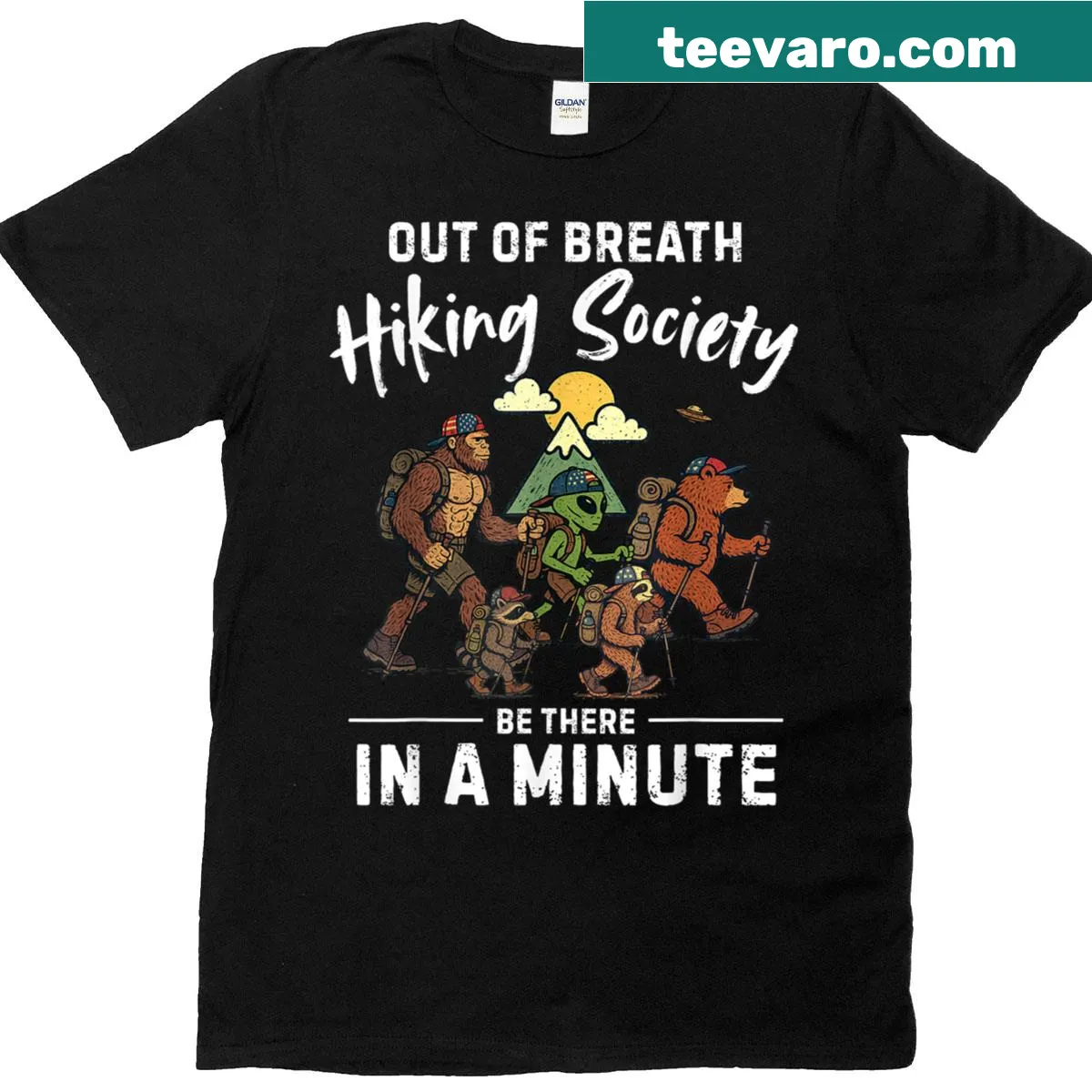Funny hiking T-shirt with a Sasquatch illustration and humorous text. — on a men's t-shirt