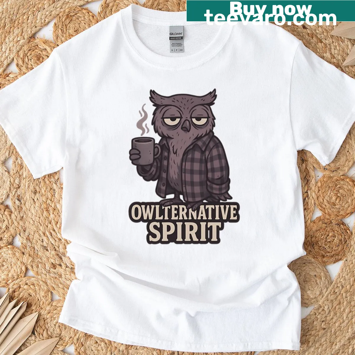 Grunge-style illustration of an owl on a T-shirt — on a men's t-shirt