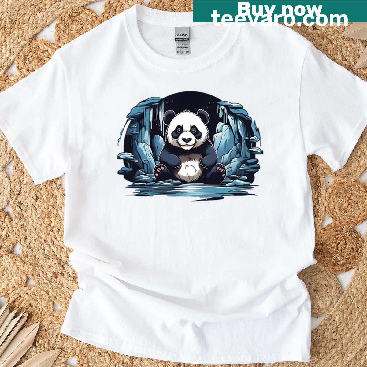 Panda illustration in a blue cave on an oversized T-shirt — on a men's t-shirt