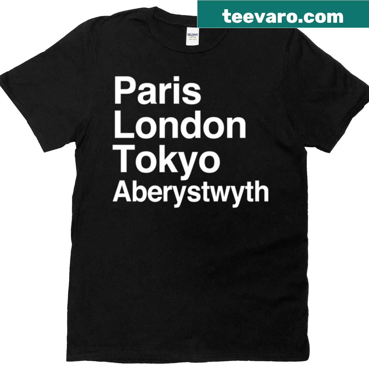 T-shirt featuring city names: Paris, London, Tokyo, Aberystwyth in bold typography. — on a men's t-shirt