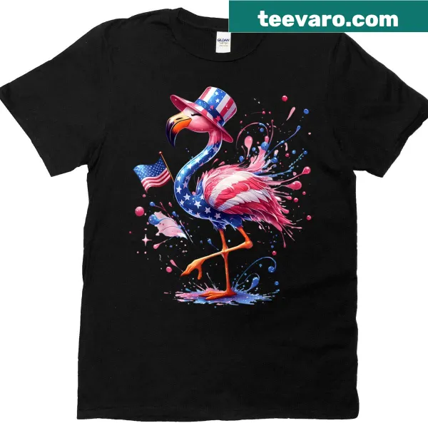 Flamingo in patriotic colors on a 4th of July T-shirt