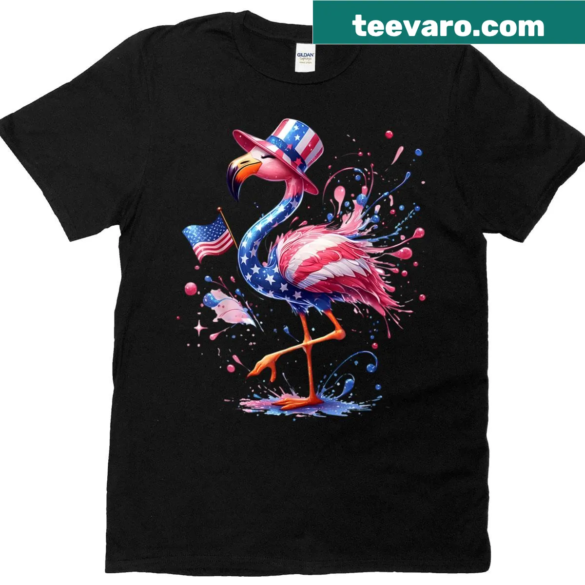 Flamingo in patriotic colors on a 4th of July T-shirt — on a men's t-shirt