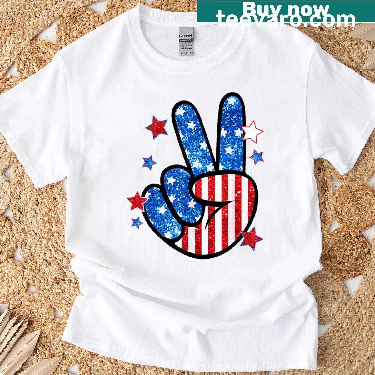 Patriotic T-shirt with a peace sign hand design featuring the USA flag — on a men's t-shirt
