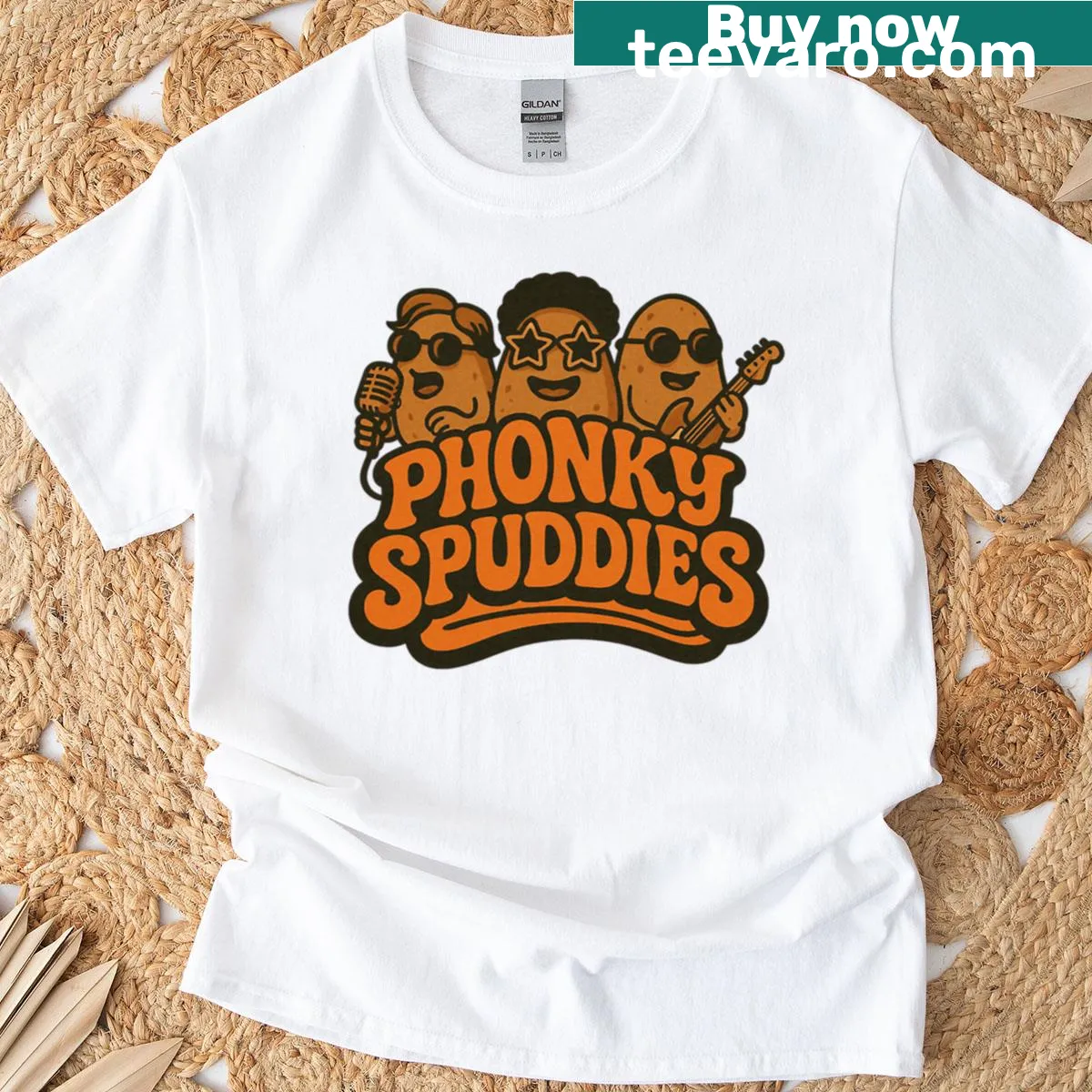 Cartoon t-shirt featuring funny potatoes in a funk band — on a men's t-shirt