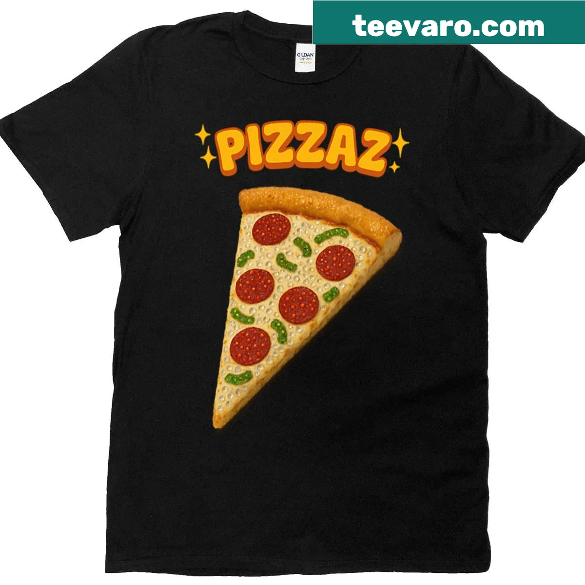 Bedazzled pizza graphic on a playful t-shirt. — on a men's t-shirt