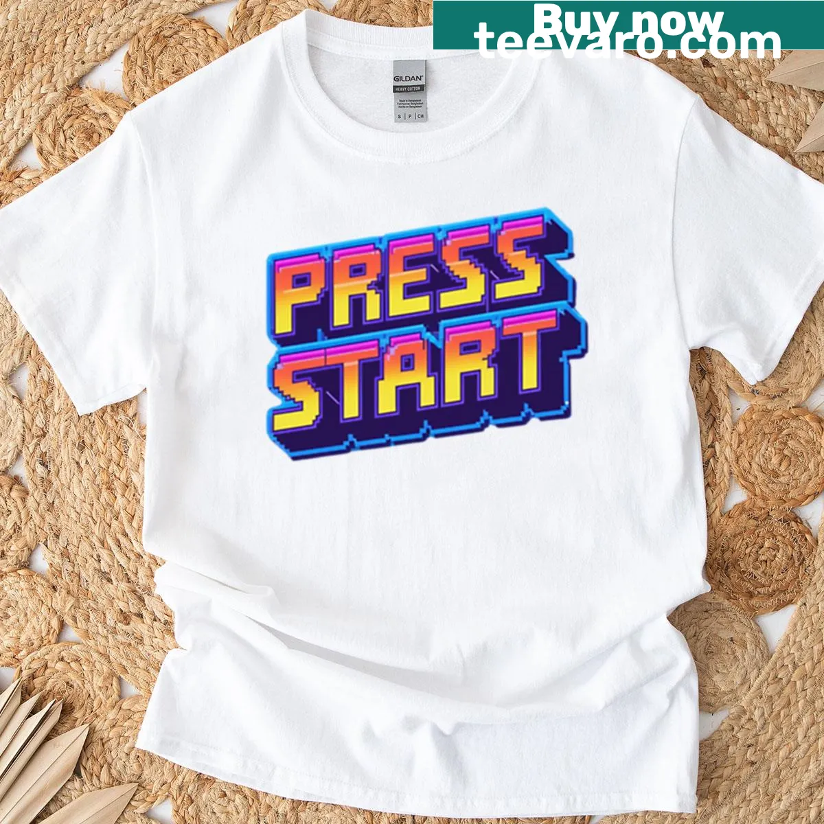 Retro arcade pixel art T-shirt with 'Press Start' design — on a men's t-shirt