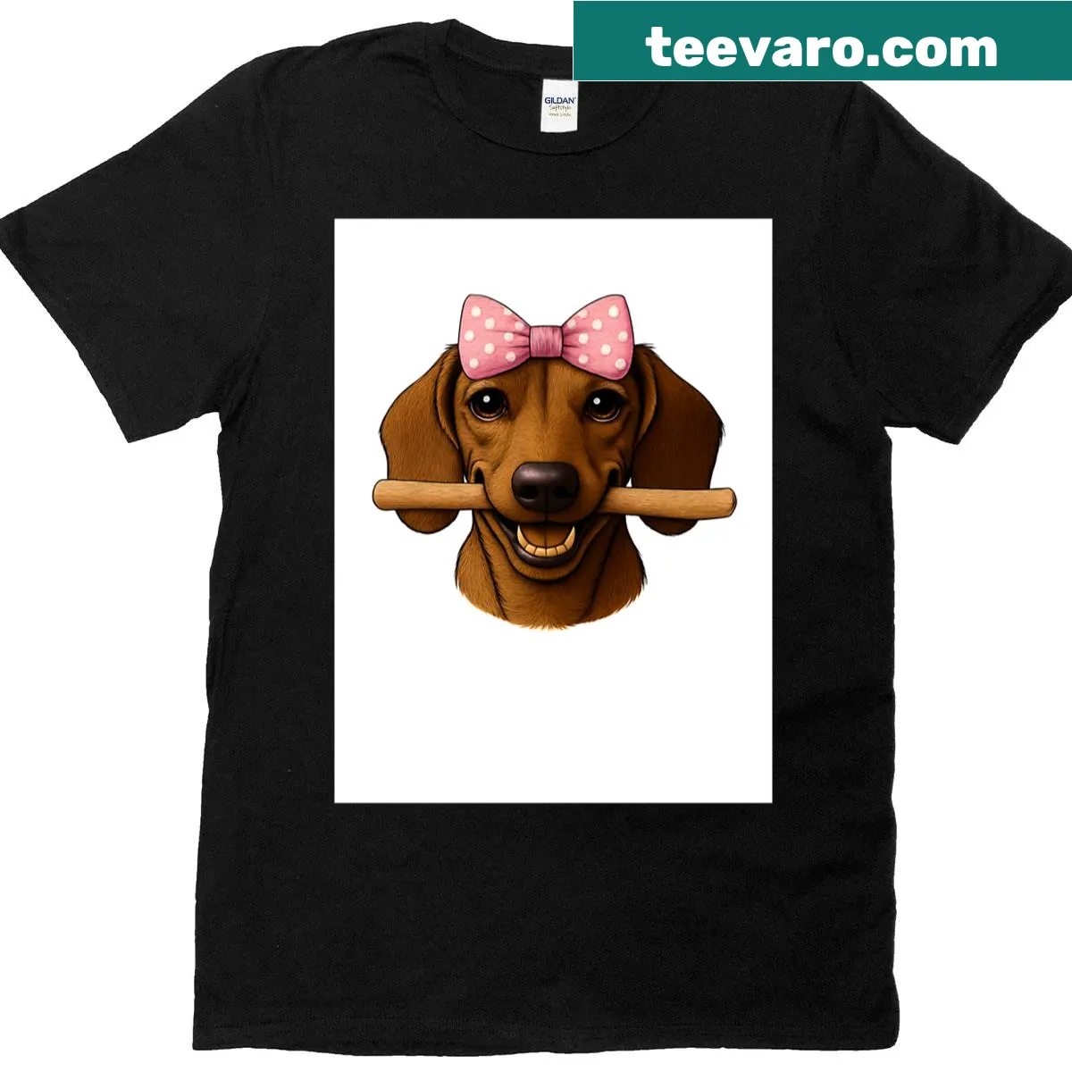 Dachshund T-shirt with pink polka dot bow and 'Play Fetch' text — on a men's t-shirt