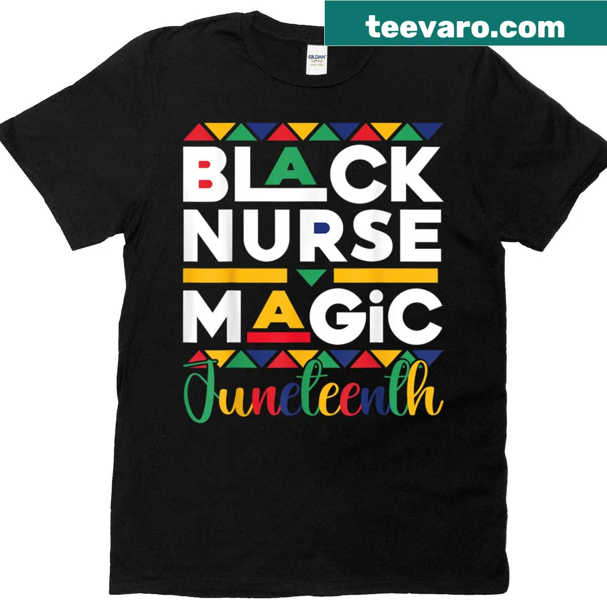 T-shirt showing a black nurse with cultural pride symbols — on a men's t-shirt