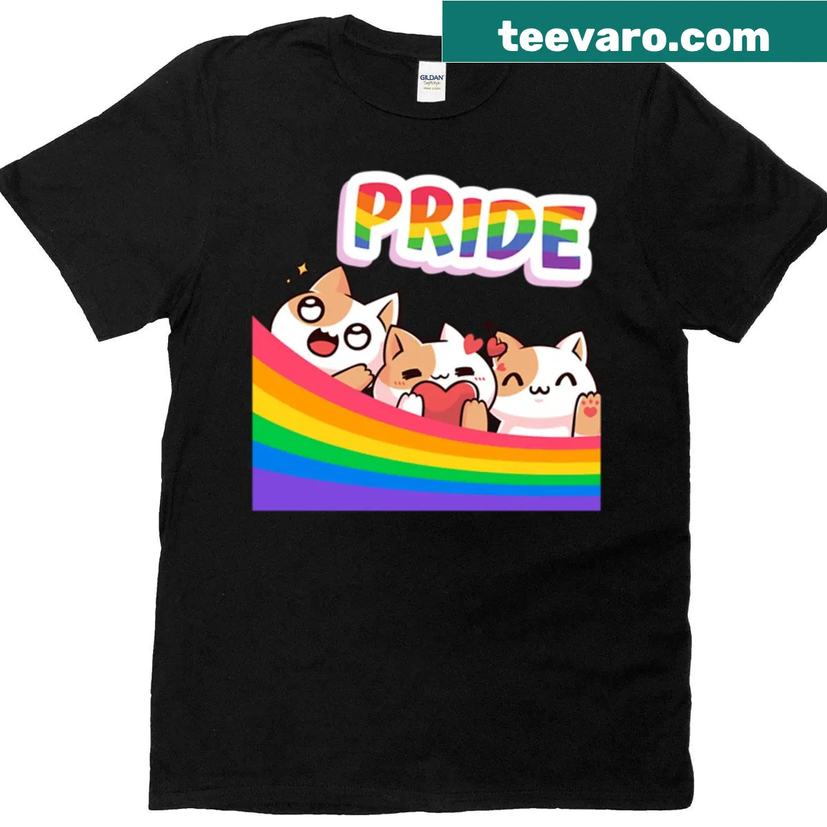 Illustration of cats with rainbows promoting LGBTQ support — on a men's t-shirt