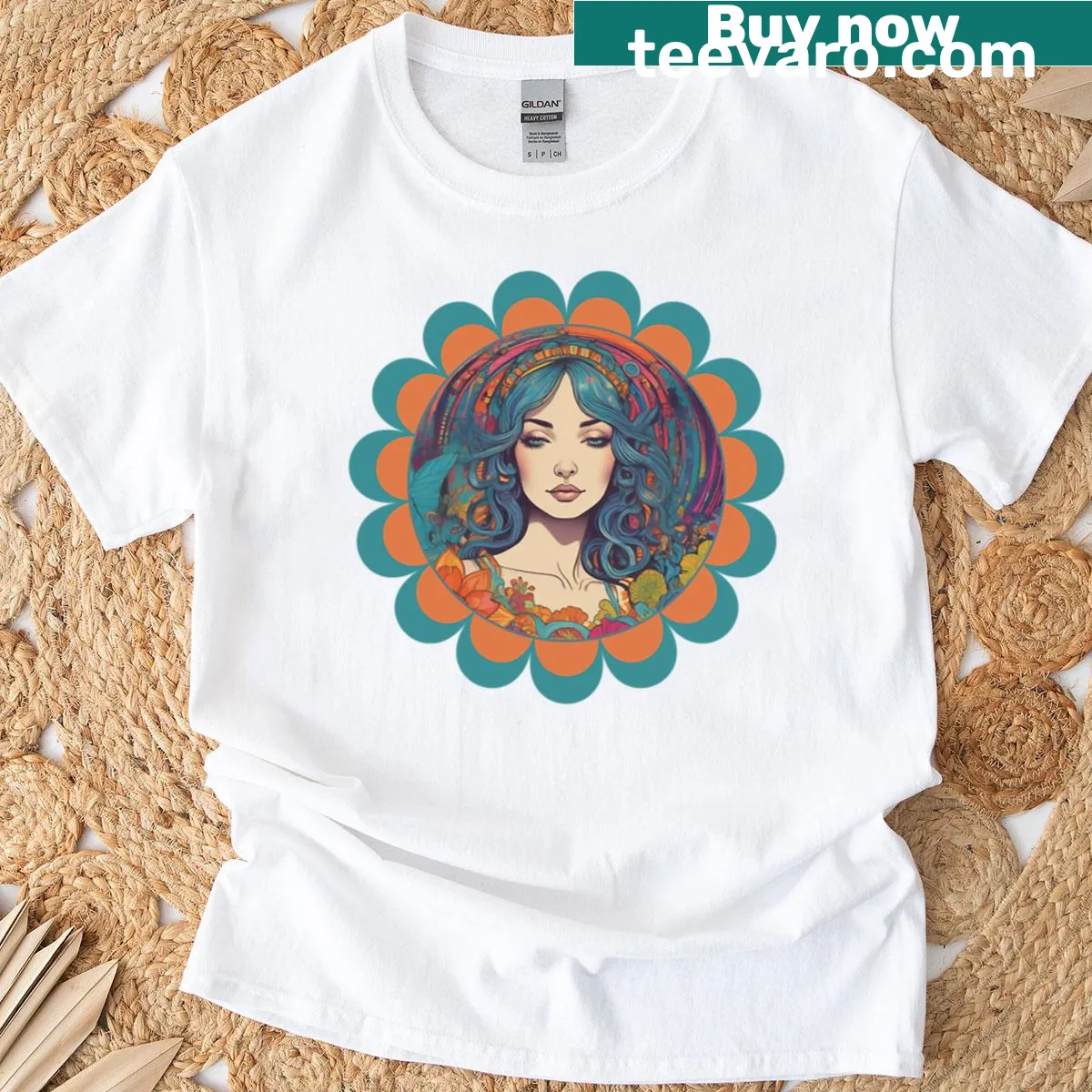 Boho goddess portrait t-shirt with floral art — on a men's t-shirt