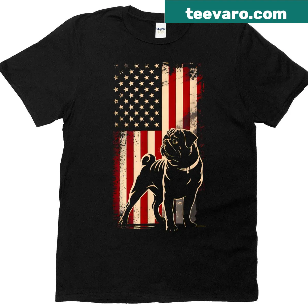 Pug t-shirt with American flag design for patriotic dog lovers — on a men's t-shirt