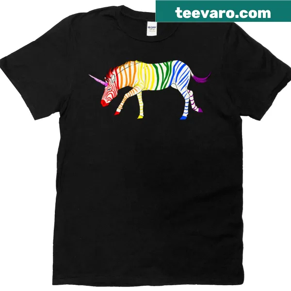 Cute rainbow unicorn with zebra stripes graphic on T-shirt