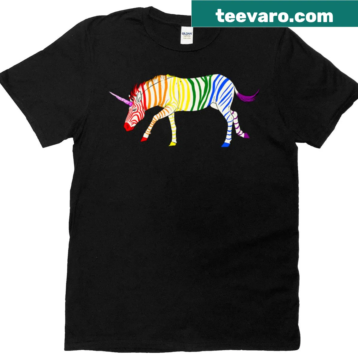 Cute rainbow unicorn with zebra stripes graphic on T-shirt — on a men's t-shirt