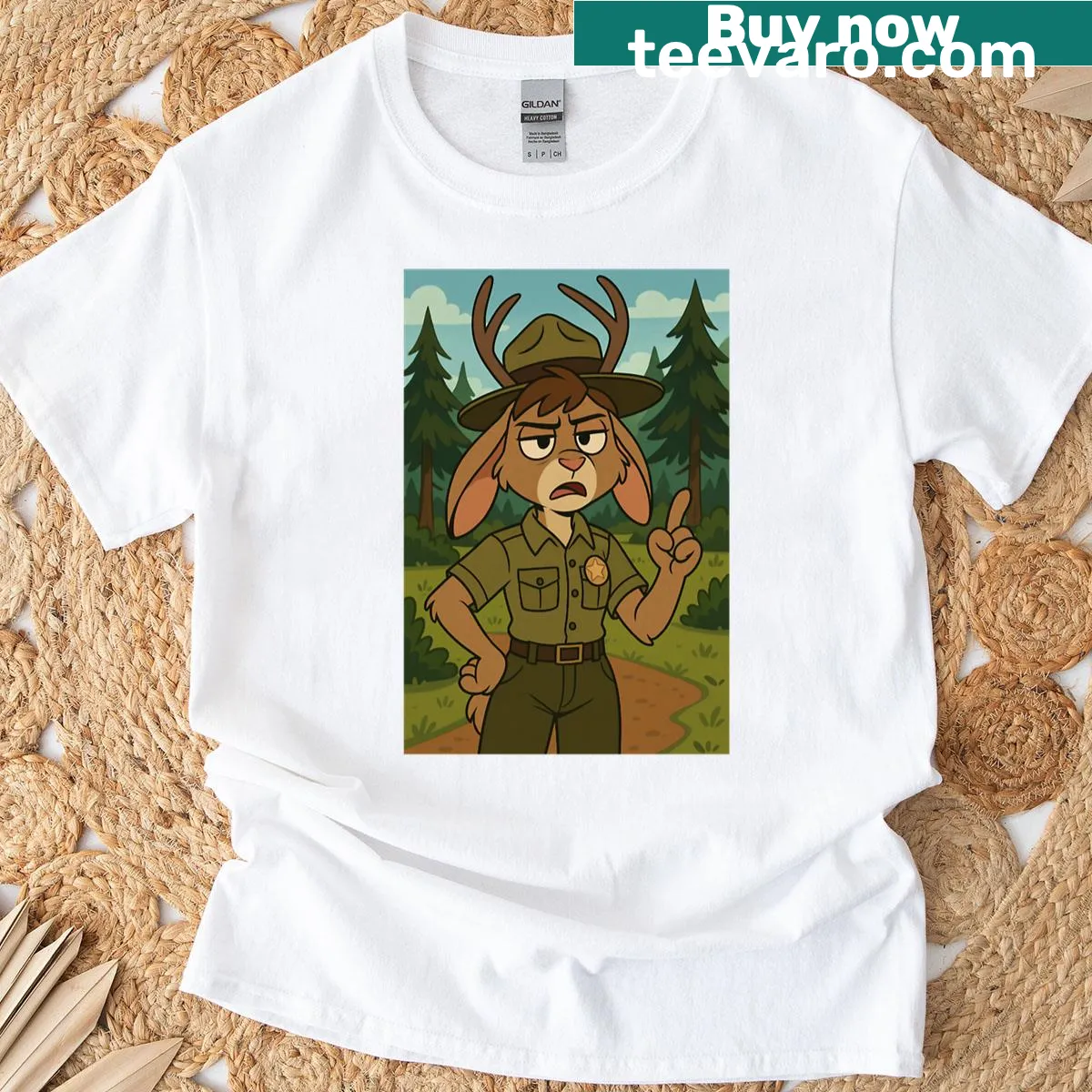 Cartoon jackalope graphic on oversized t-shirt — on a men's t-shirt