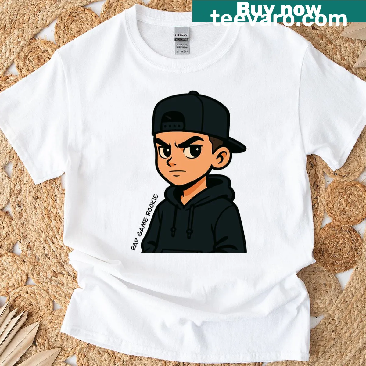 Oversized t-shirt with 'Rap Game Rookie' text — on a men's t-shirt