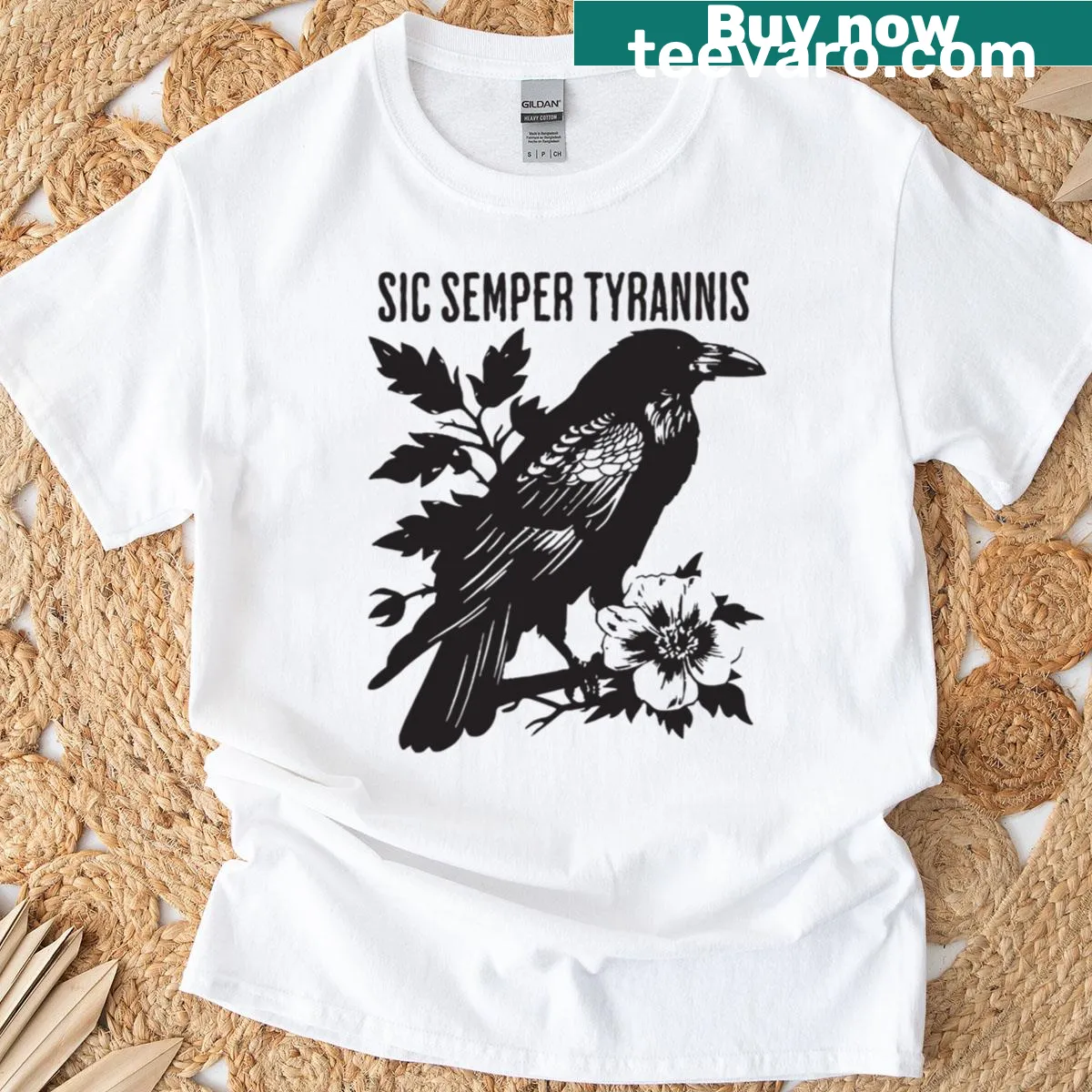 Patriotic t-shirt with raven and Sic Semper Tyrannis text — on a men's t-shirt