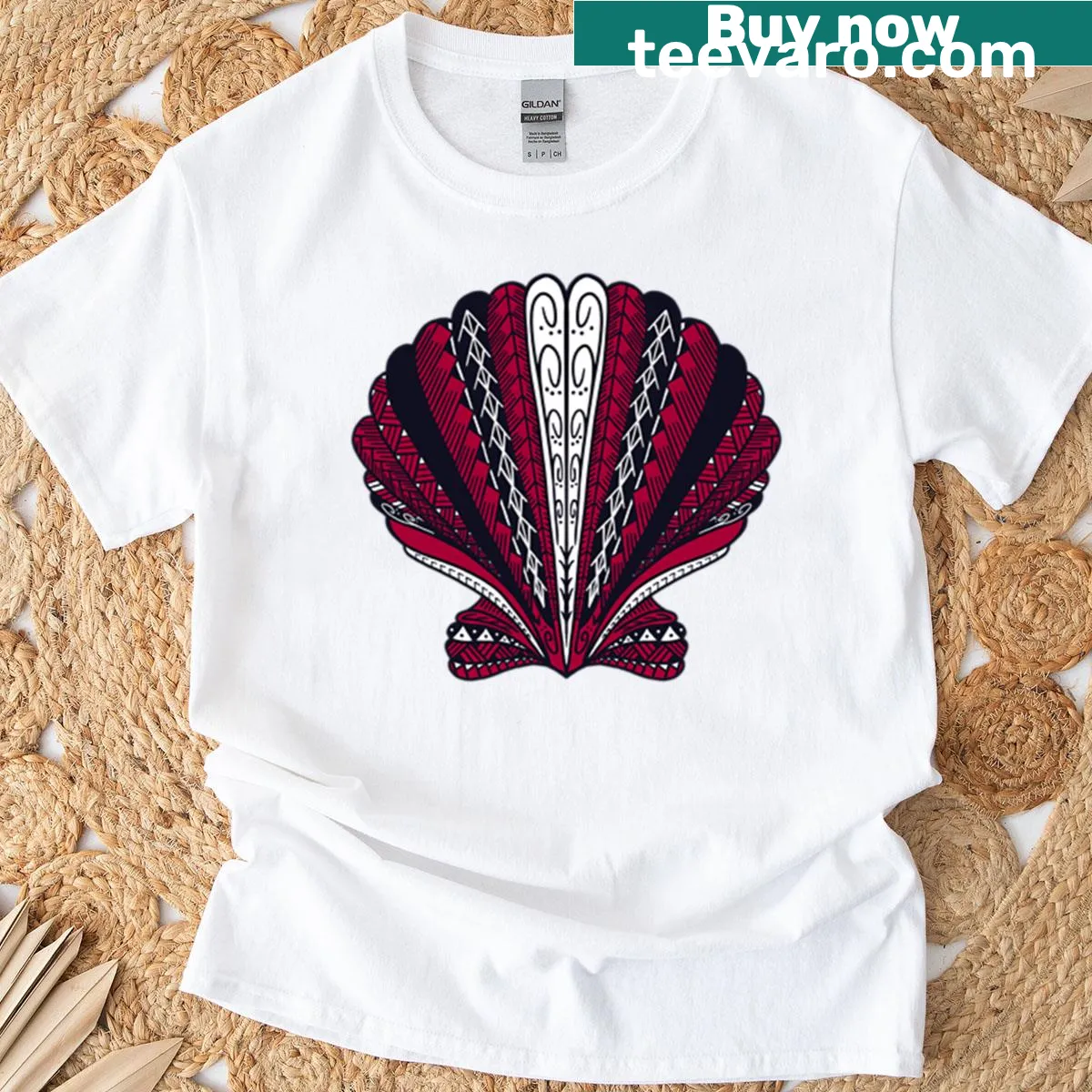 Illustrated red tribal clam sea shell on t-shirt — on a men's t-shirt