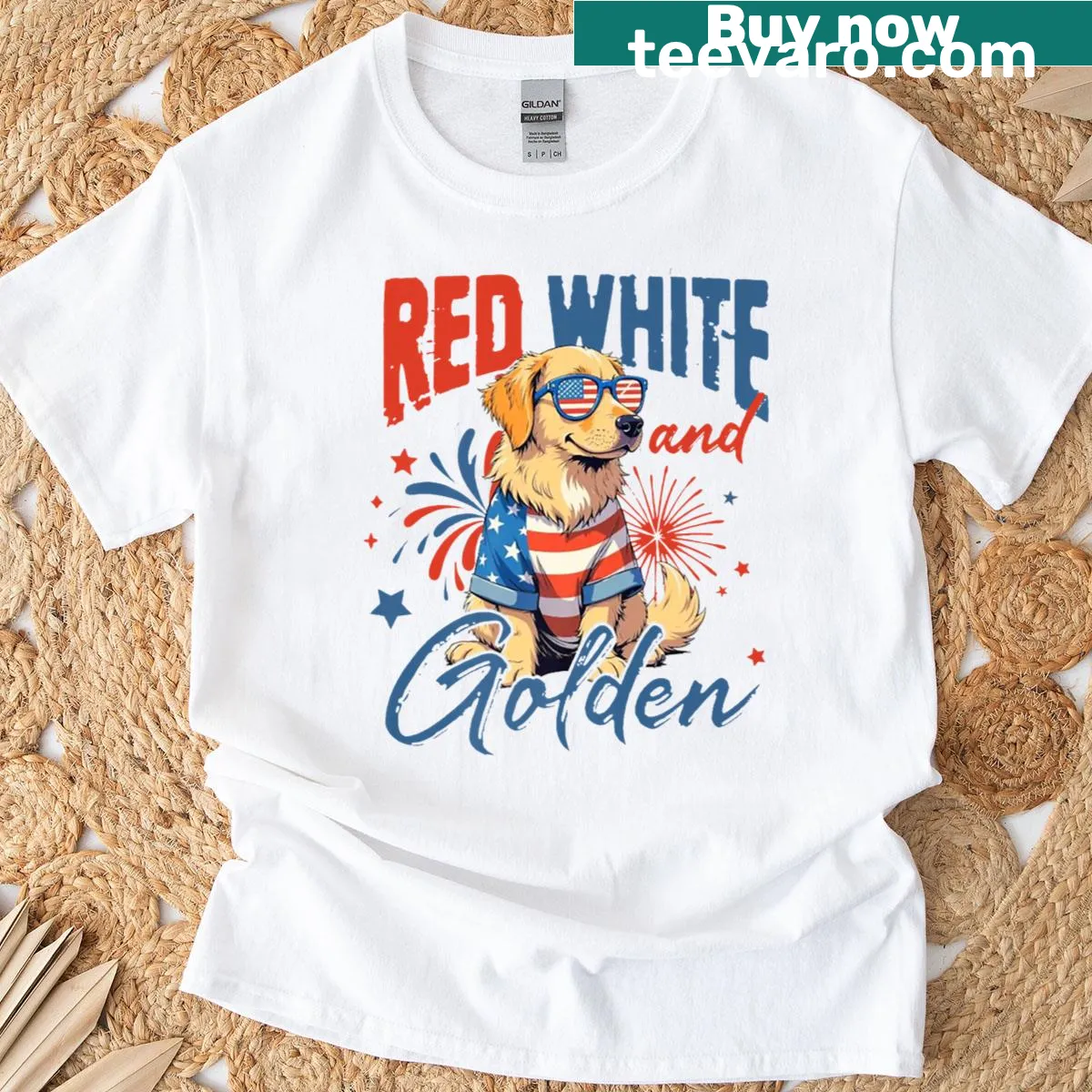 Patriotic golden retriever graphic on 4th of July t-shirt — on a men's t-shirt