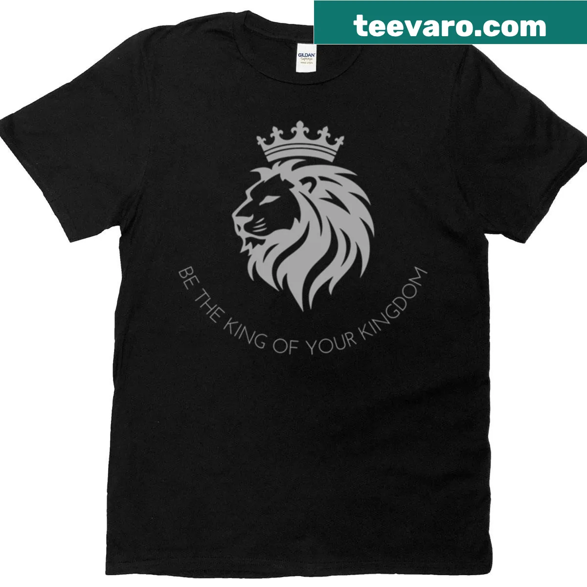 Lion graphic with inspirational text 'Be The King Of Your Kingdom' on a T-shirt — on a men's t-shirt