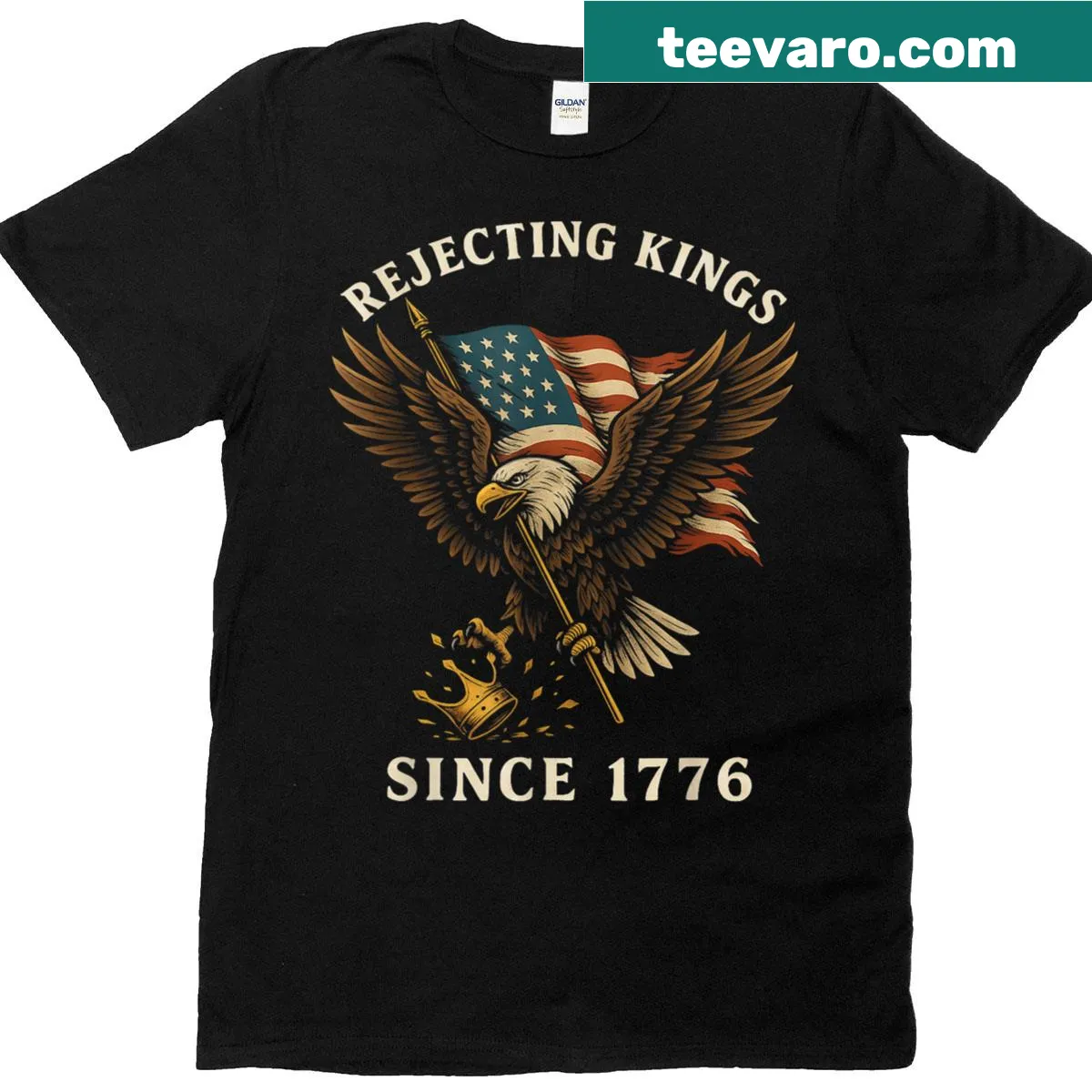 Eagle graphic with text 'Rejecting Kings Since 1776' on a Fourth of July T-shirt — on a men's t-shirt