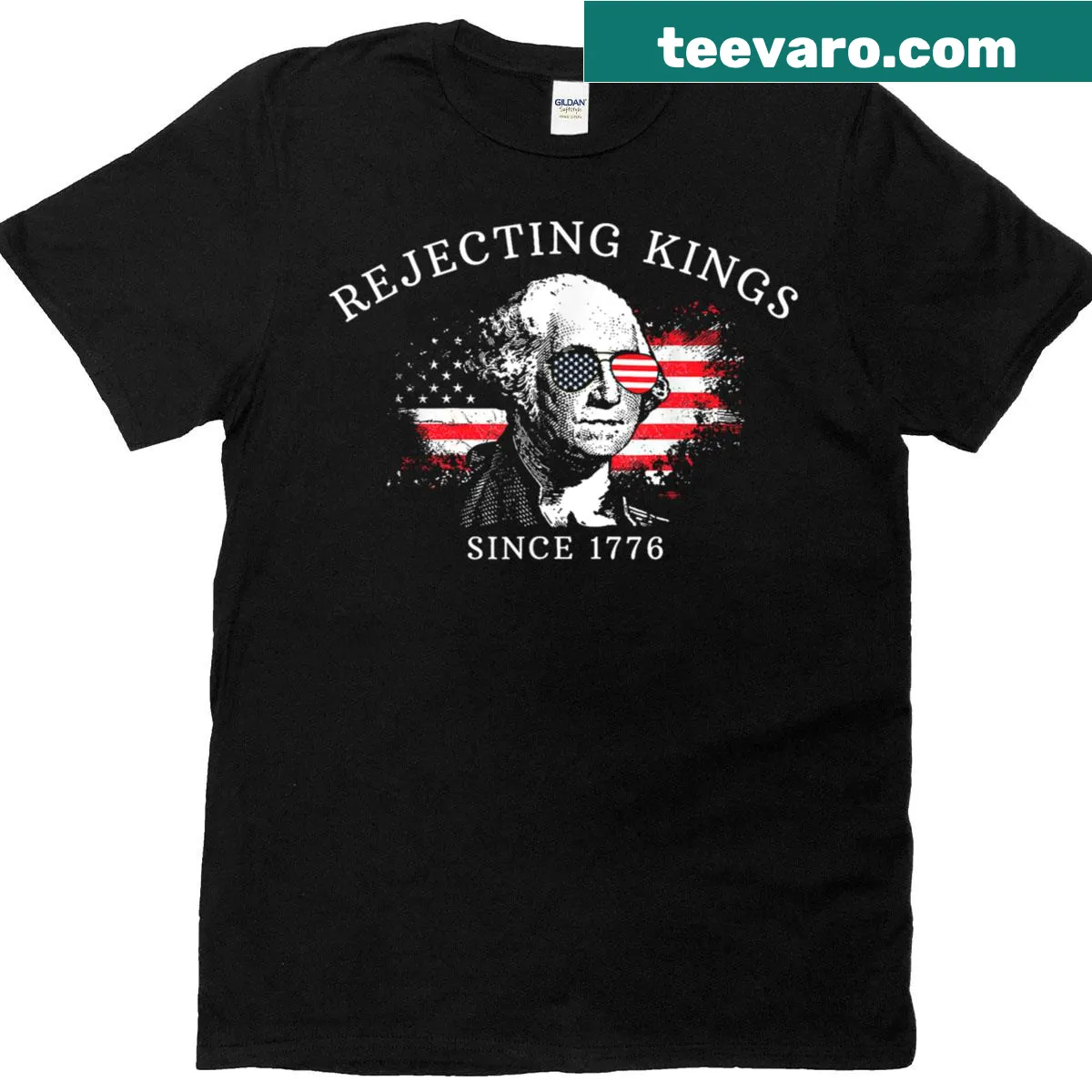 George Washington graphic with 'Rejecting Kings Since 1776' on a Fourth of July T-shirt — on a men's t-shirt