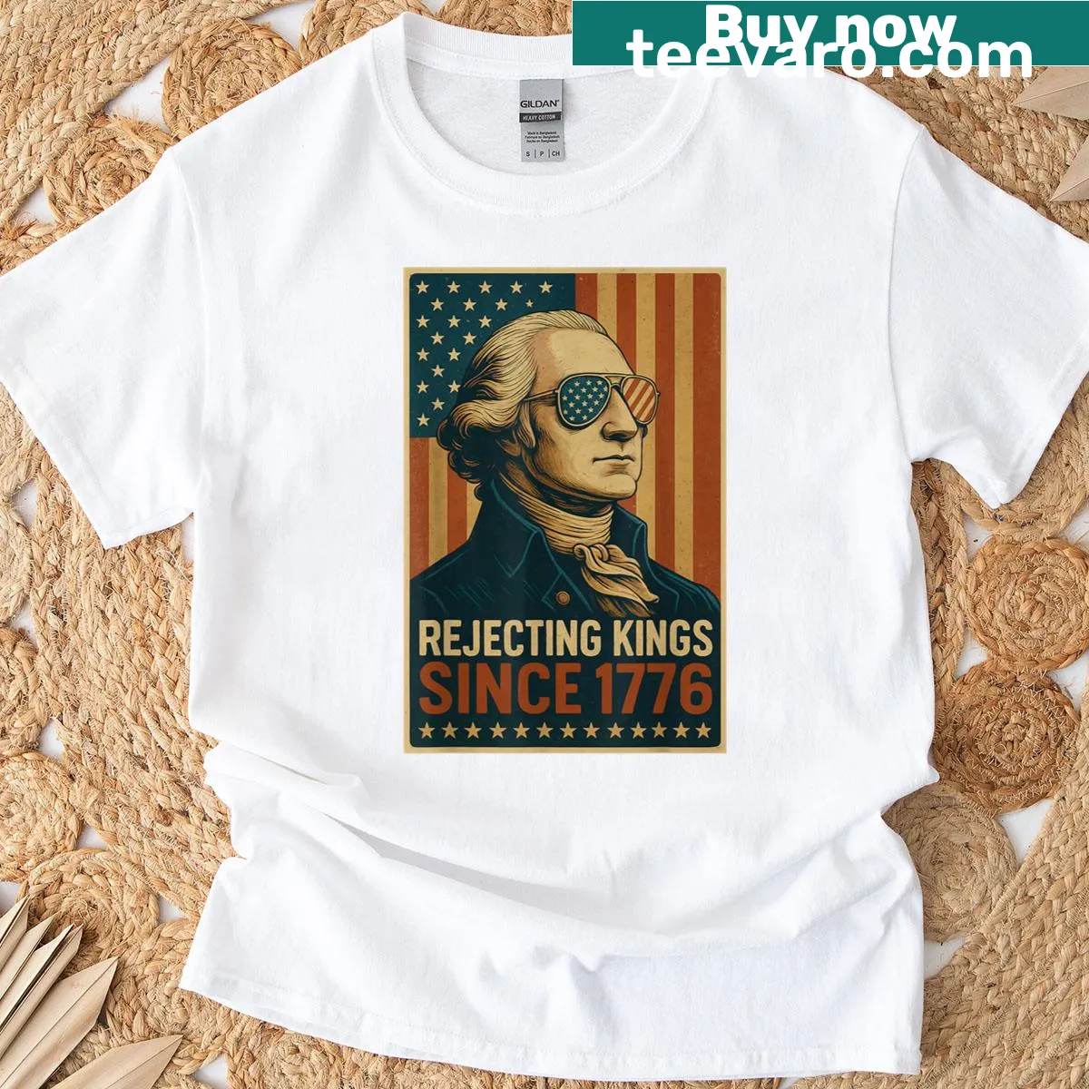 T-shirt featuring USA flag and text rejecting kings since 1776 — on a men's t-shirt