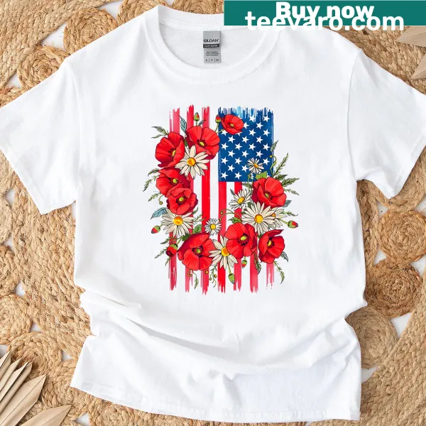 Vintage floral American flag T-shirt for women, perfect for July 4th