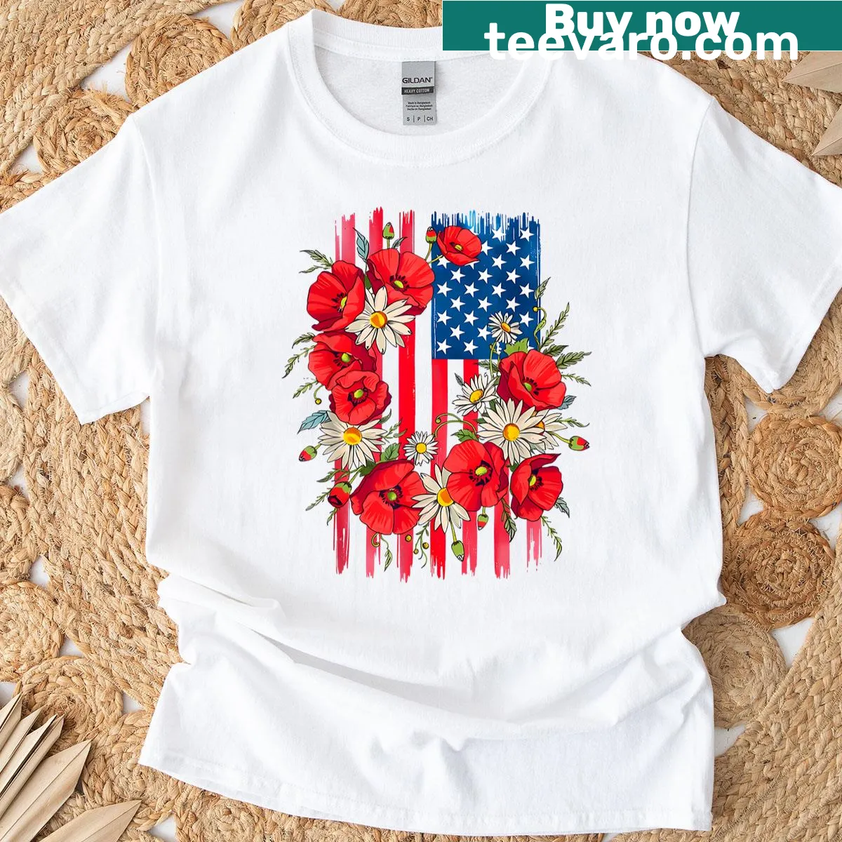 Vintage floral American flag T-shirt for women, perfect for July 4th — on a men's t-shirt