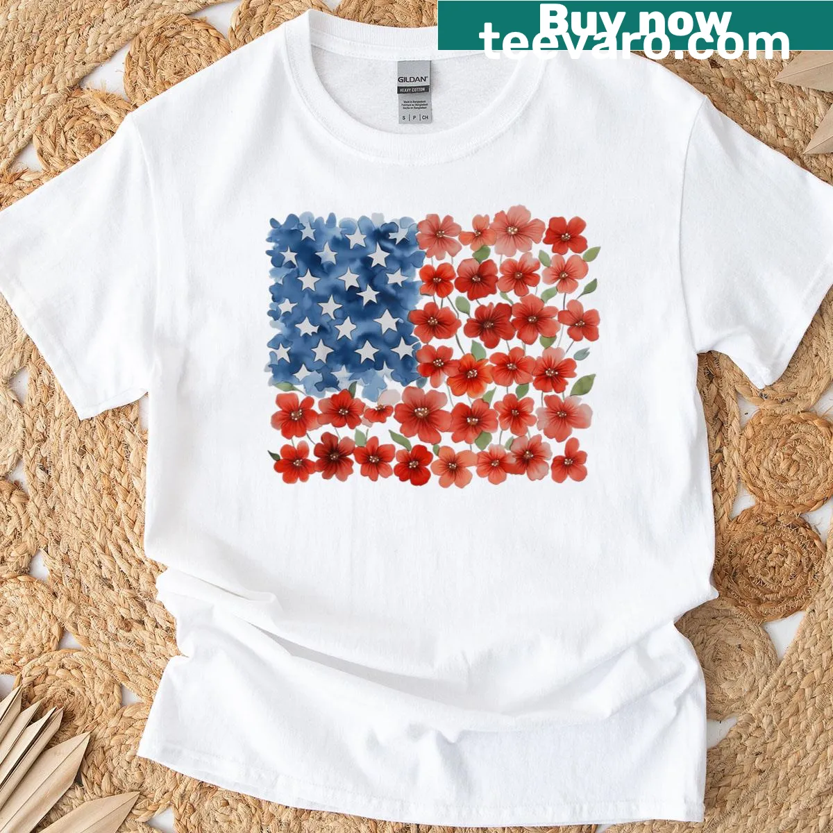 Retro t-shirt featuring floral design with American flag — on a men's t-shirt