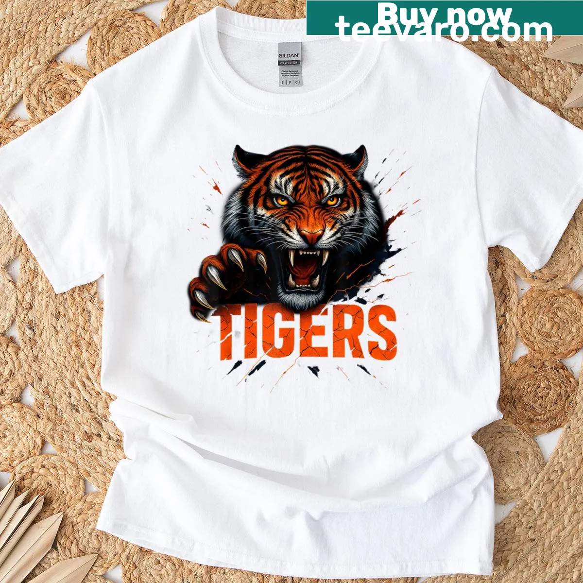 Retro graphic tigers with customizable last names — on a men's t-shirt