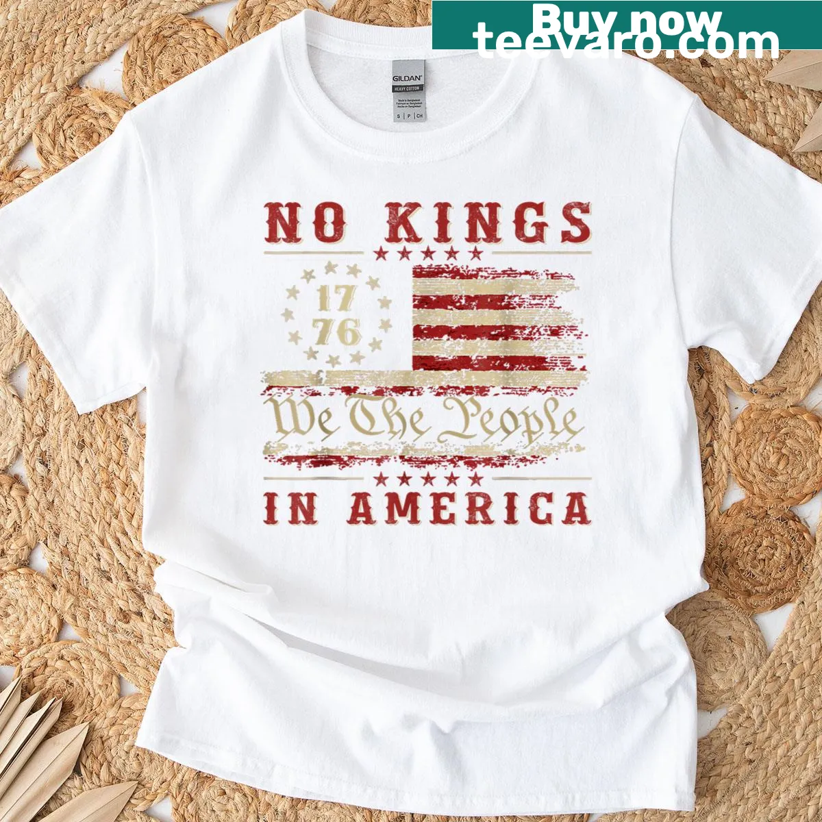 Vintage patriotic T-shirt featuring 'No Kings In America 1776' and USA flag design. — on a men's t-shirt