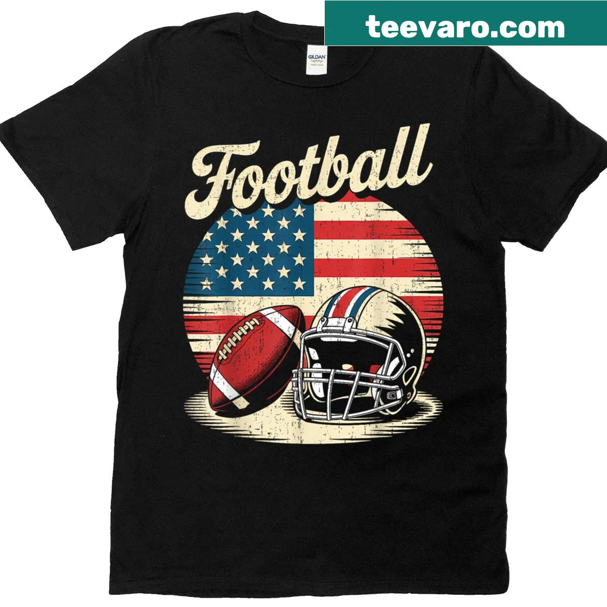 Patriotic t-shirt with a football and USA flag design — on a men's t-shirt