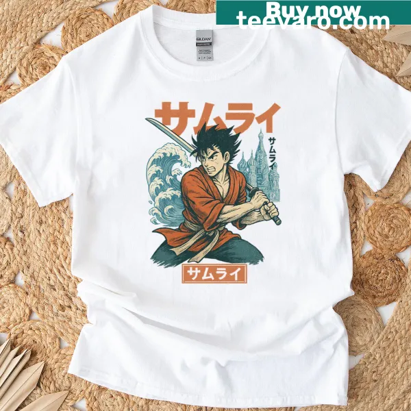 T-shirt featuring a retro samurai and wave design